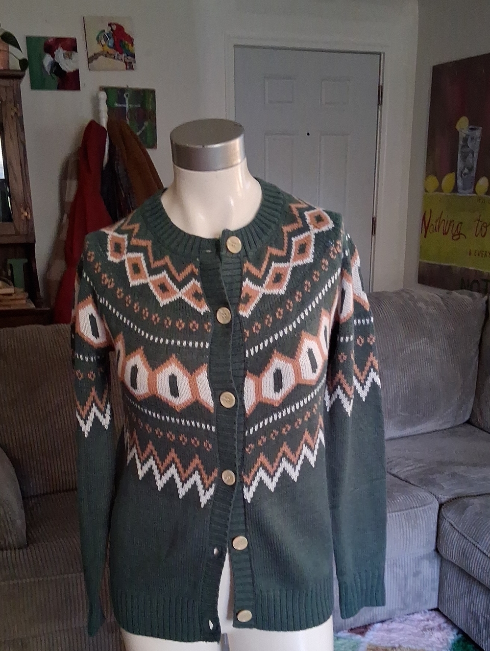 Maurices Green Fair Isle Button-Up Cardigan with Cream & Blush Accents